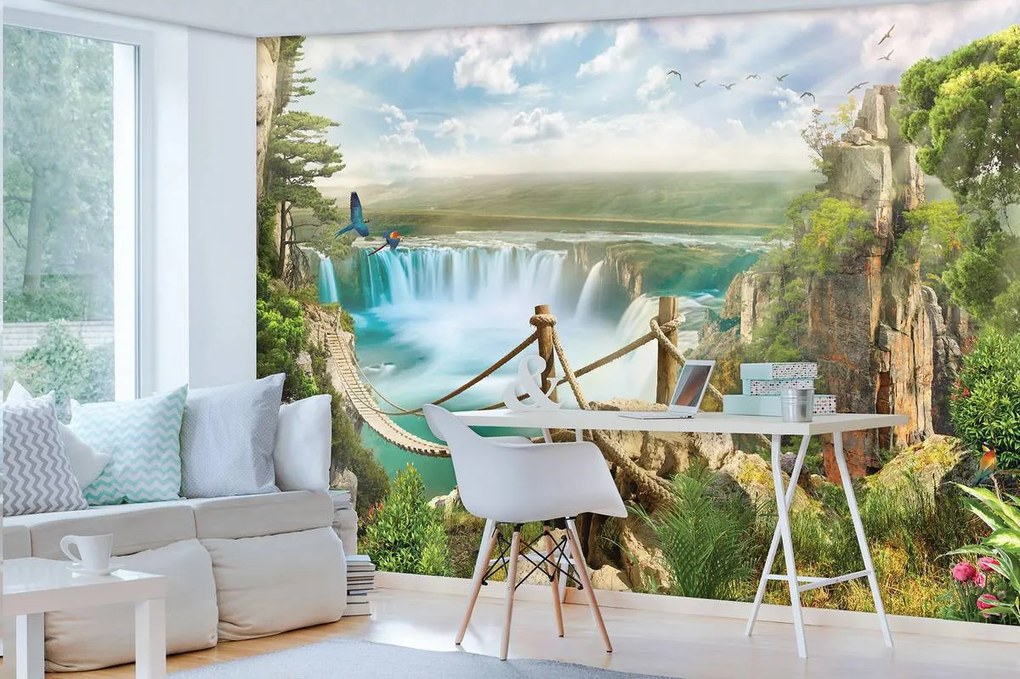 Fotótapéta - Kötél híd egy vízesés felett (152,5x104 cm)