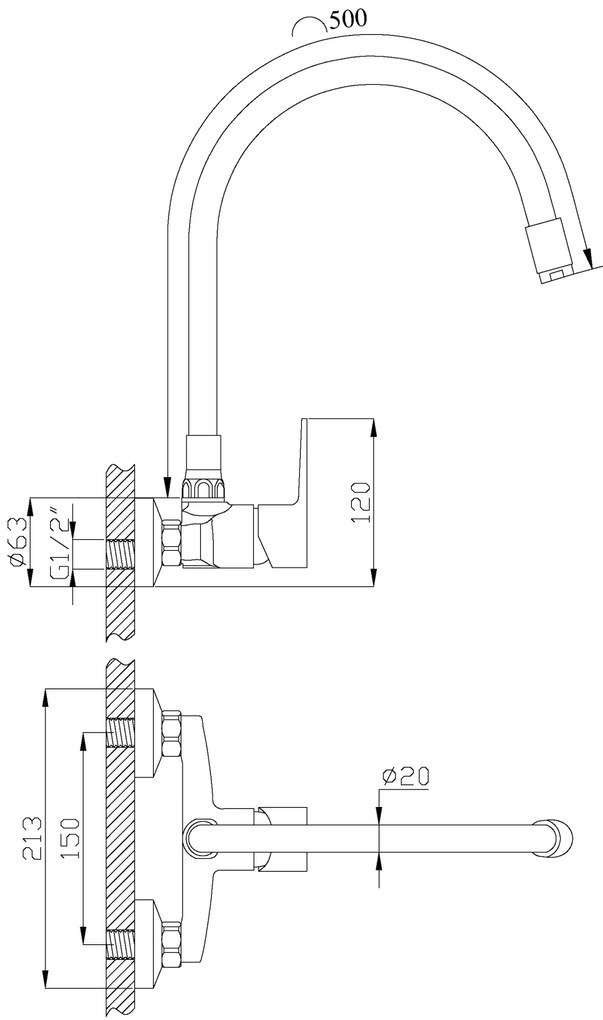 Invena Verso, falra szerelhető konyhai csaptelep 150mm elasztikus karral, fekete matt, INV-BC-82-E44-L