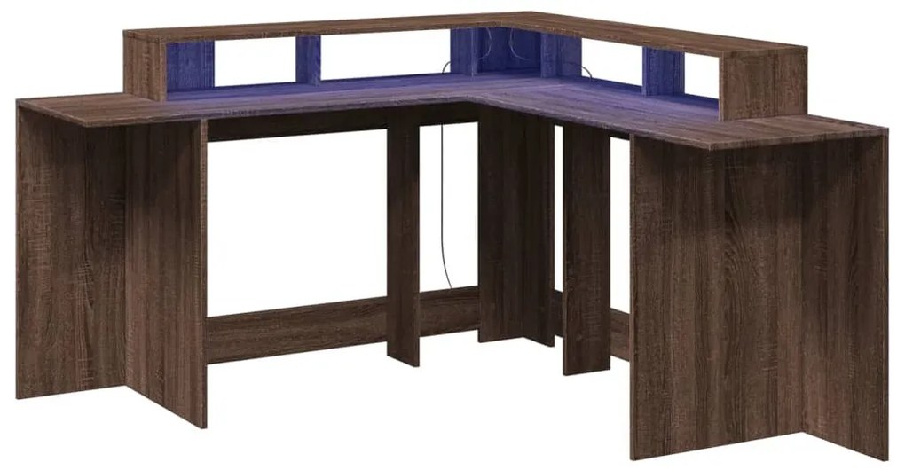 barna tölgy színű szerelt fa íróasztal LED-ekkel 152x152x91 cm