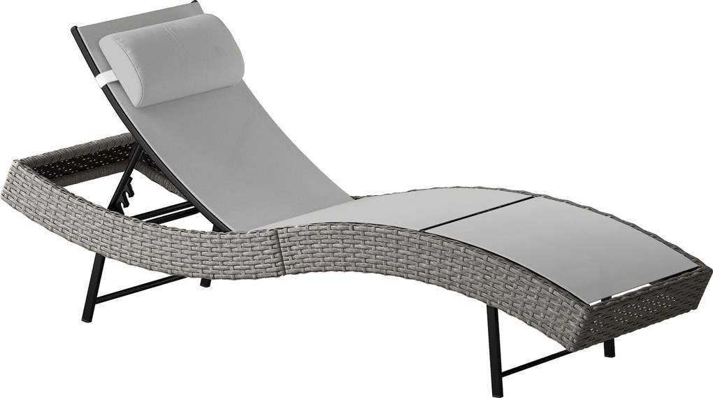 Outsunny S-alakú PE rattan napozóágy — 5 pozíciós állítható háttámla fejtámlával, légáteresztő UV-álló háló, időjárásálló kültéri rattan — világosszür
