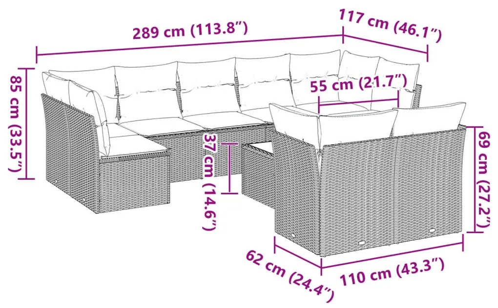 10 részes világosszürke polyrattan kerti ülőgarnitúra párnákkal