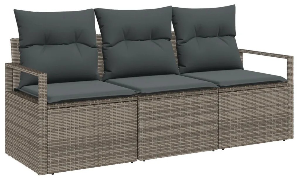 3 részes kert kanapé szett párnákkal, szürke poli rattan, 2-személyes kert kanapé párnákkal, szürke poli rattan