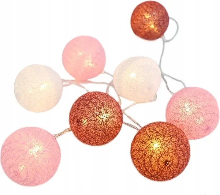 Led füzér textil rózsaszín-fehér golyók, meleg fehér, 2x Aa elem, 285