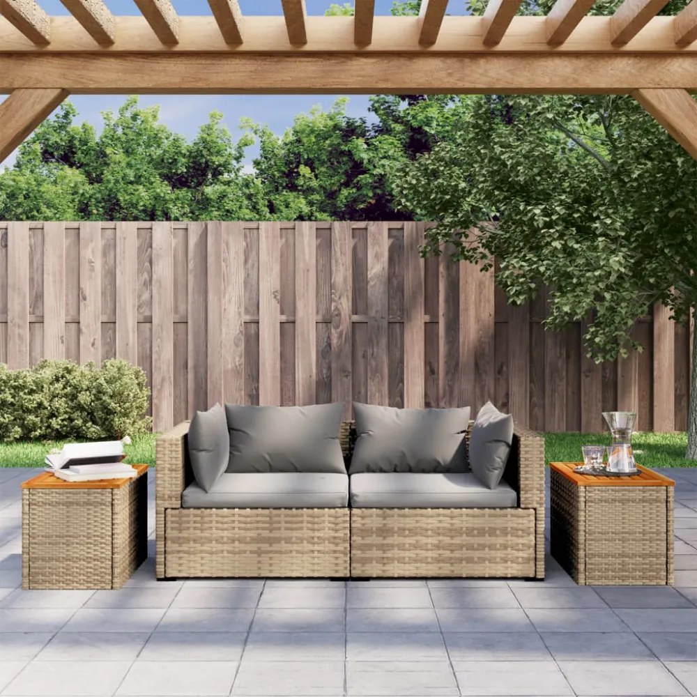 2 db bézs polyrattan és tömör fa kerti kisasztal 55x34x37 cm