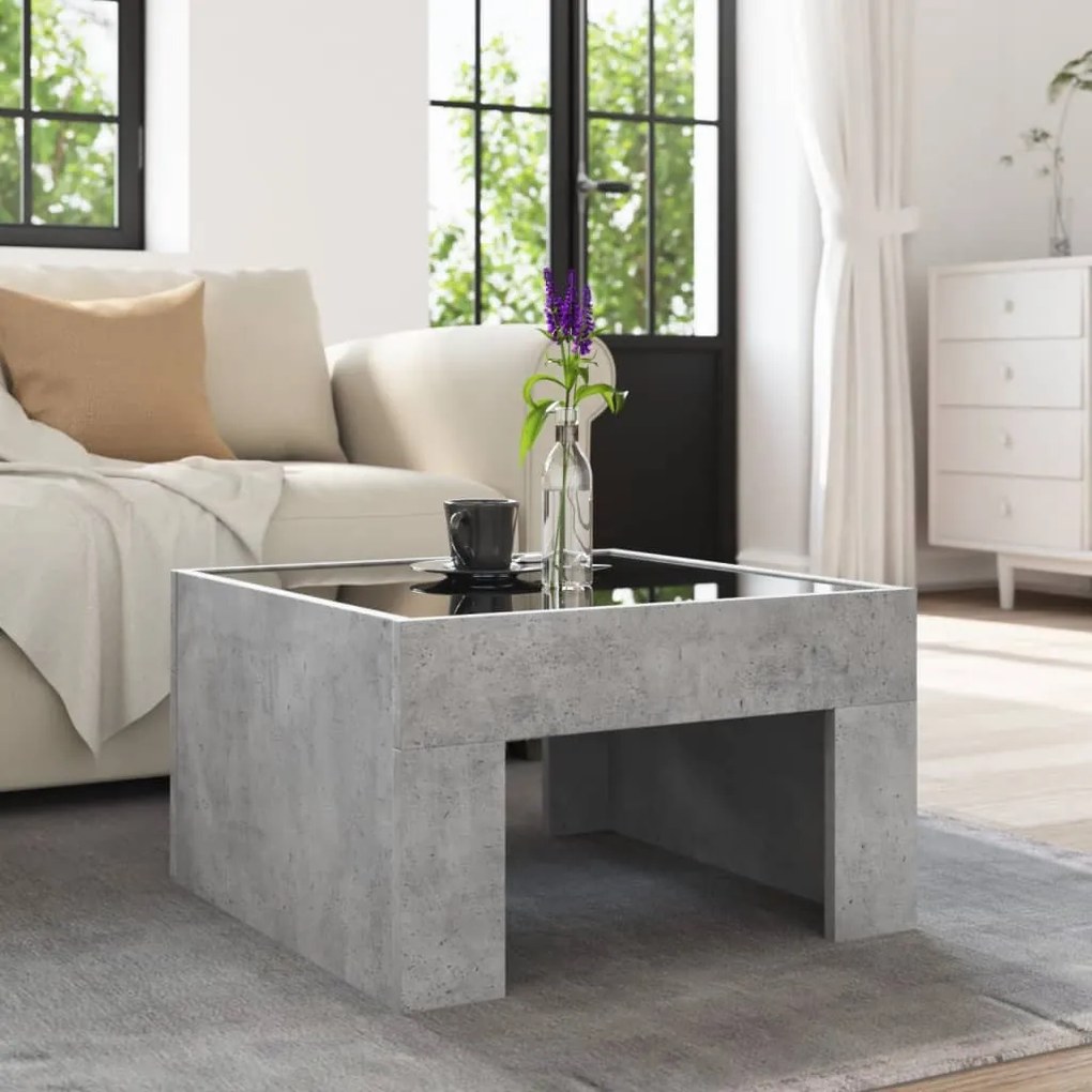 Betonszürke végtelen hatású LED-es dohányzóasztal 50x50x30 cm