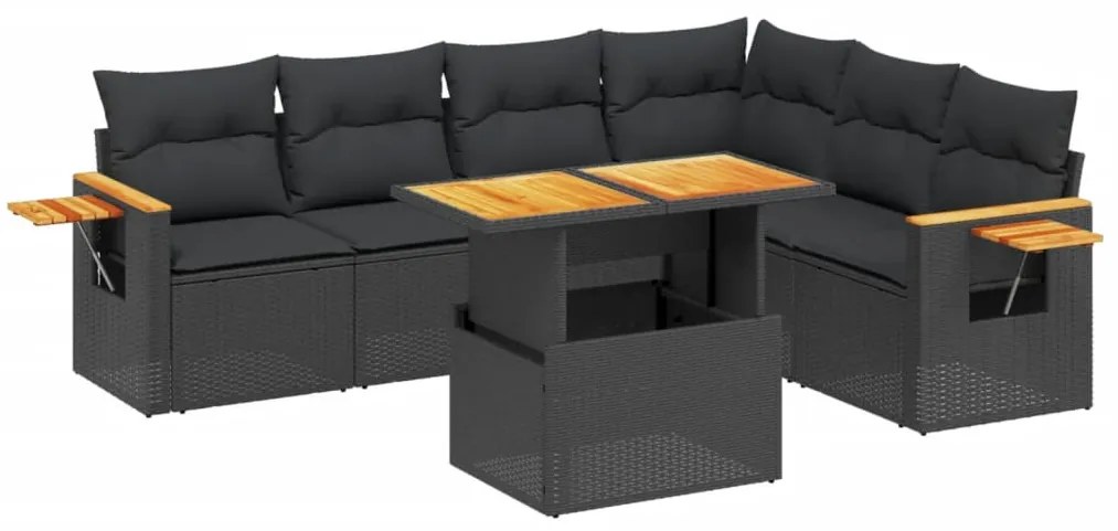 7 részes fekete polyrattan kerti ülőgarnitúra párnával