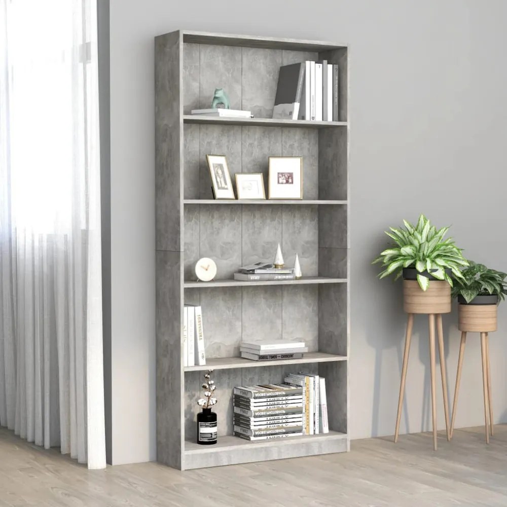 5-szintes betonszürke szerelt fa könyvszekrény 80 x 24 x 175 cm