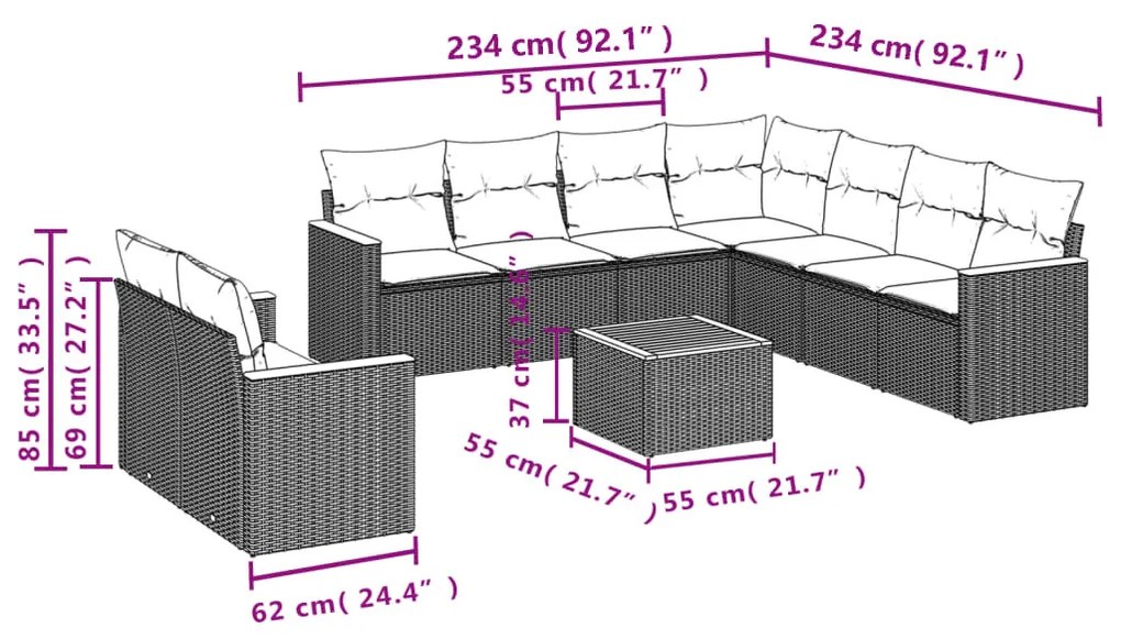 10 részes fekete polyrattan kerti ülőgarnitúra párnákkal