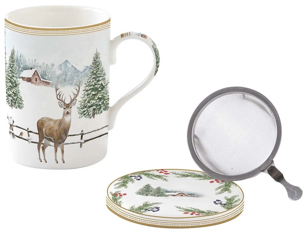 Karácsonyi porcelán teás bögre szűrővel White Forest díszdobozban