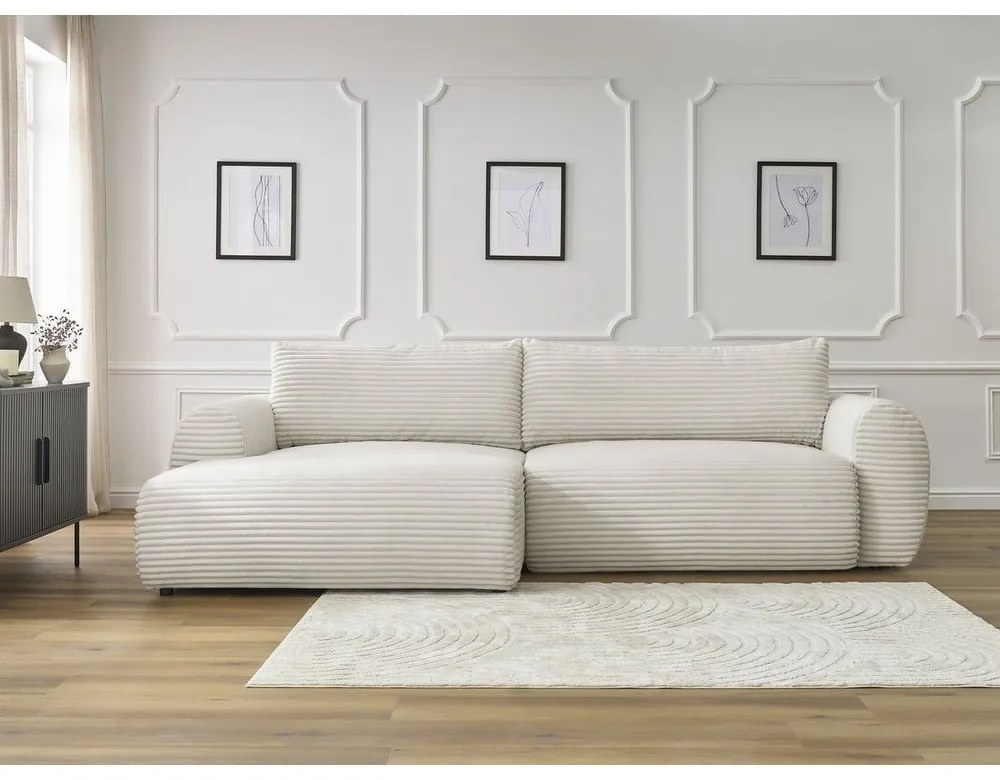 Krémszínű kordbársony kinyitható sarokkanapé (bal oldali) Lucien – Bobochic Paris