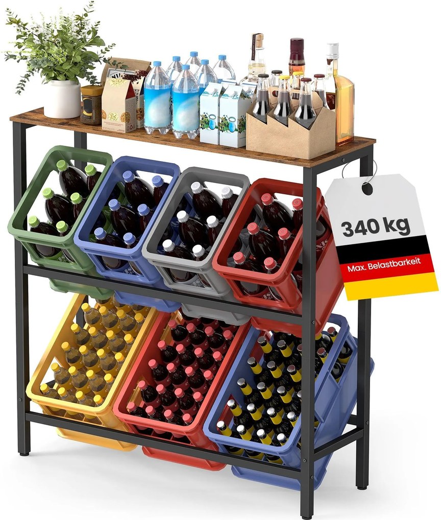 2 szintes, 4 rekeszes acél ital tároló állvány, vintage barna és fekete