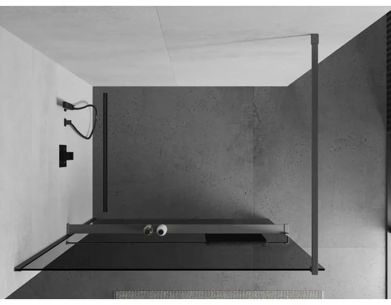 Mexen Kioto+, Walk-In zuhany paraván polccal és akasztóval 120 x 200 cm, 8 mm szürke üveg, grafit profil, 800-120-121-95-40