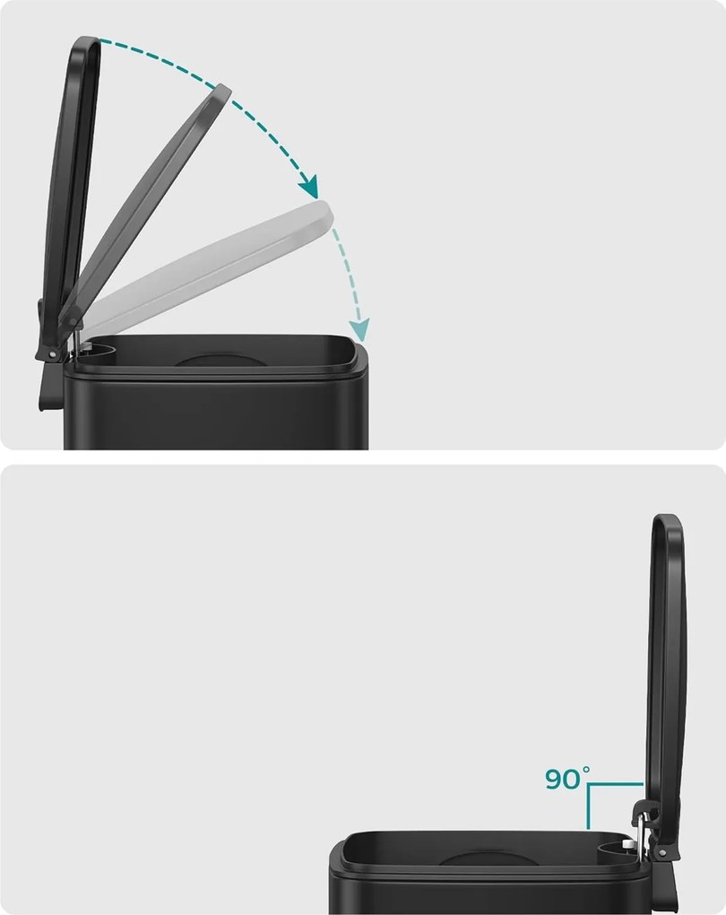 Fürdőszobai szemetes tetővel, 8l, kis helyekre, soft close, acél, fekete