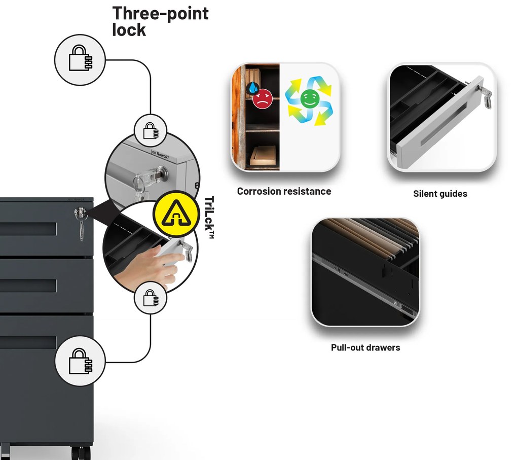 KATE görgős konténer íróasztal alá – 390 x 600 x 500 mm, antracit színű