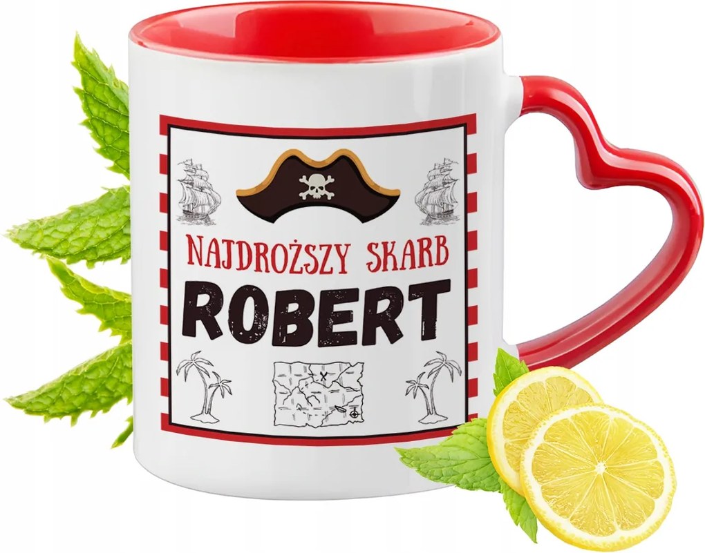 Piros bögre szív alakú füllel Robertnek Ajándék