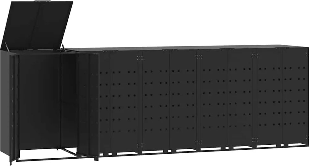 vidaXL fekete acél kerekes tároló 5 szemeteskukához 345 x 79 x 117 cm