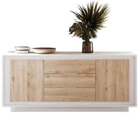 SKY 2.0 komód 2 ajtóval és 3 fiókkal, fehér matt lakkozott vázzal és Cadiz tölgy mintázatú laminált előlapokkal
