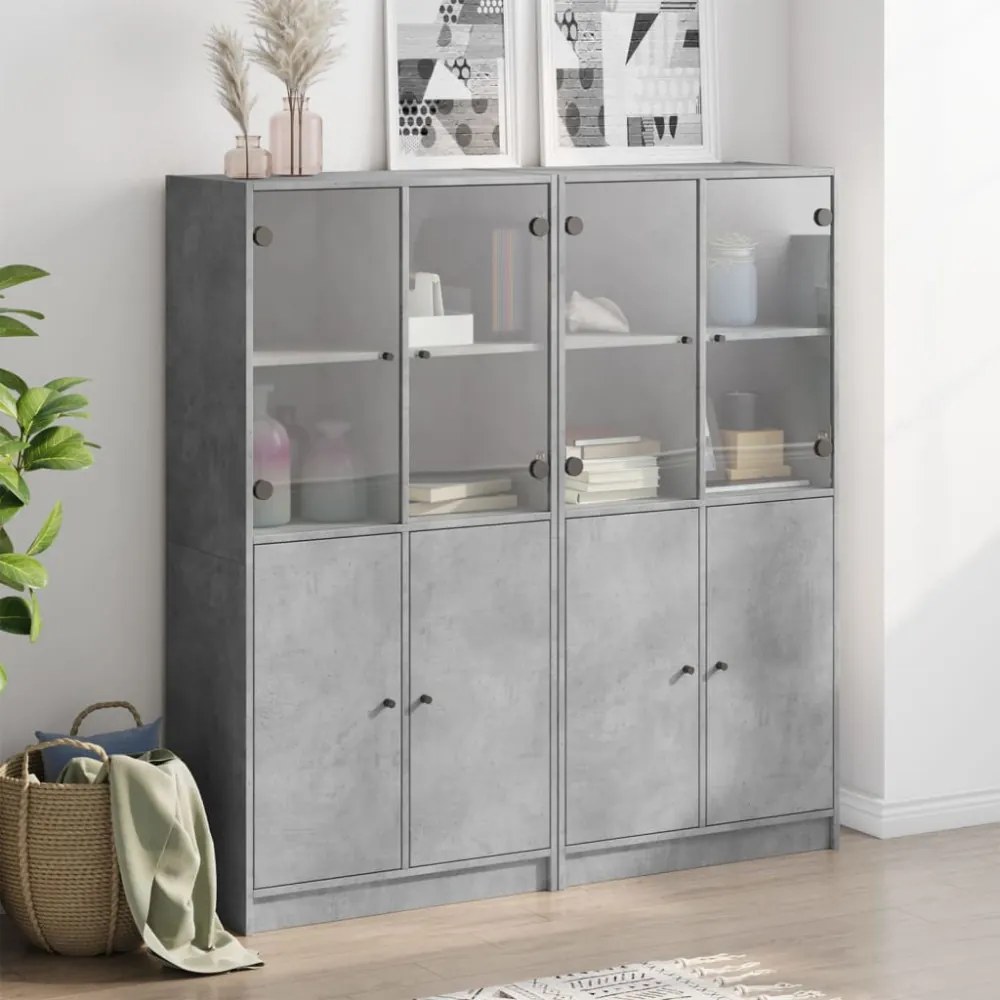 betonszürke szerelt fa könyvespolc ajtókkal 136 x 37 x 142 cm