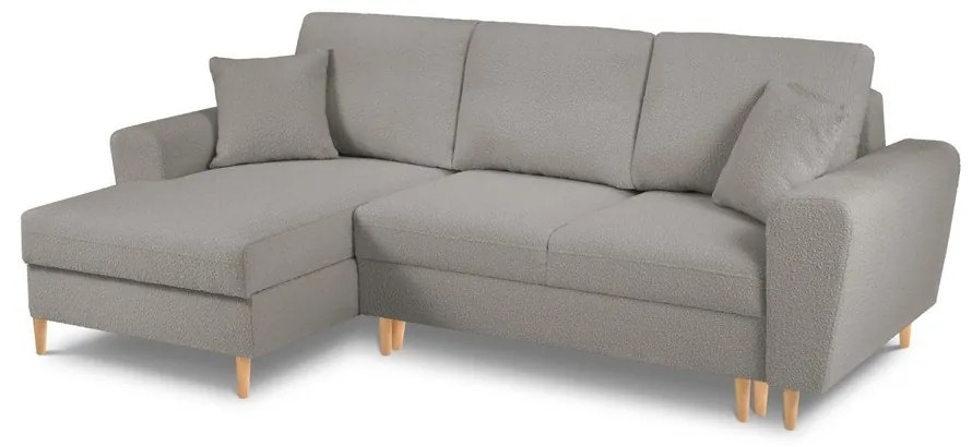 Világosszürke buklé kinyitható tárolóhelyes sarokkanapé (bal oldali-heverő résszel) Kyoto – Cosmopolitan Design
