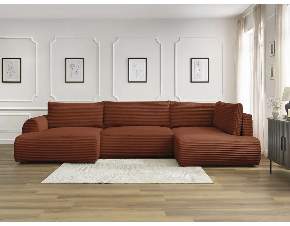 Téglavörös kordbársony kinyitható-tárolóhelyes sarokkanapé (jobb oldali-U alakú) Lucien – Bobochic Paris