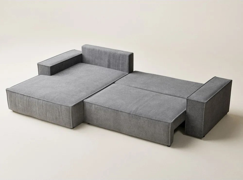 Szürke zsenília kinyitható-tárolóhelyes sarokkanapé (bal oldali-heverő résszel) Maze – Maison de Rêve