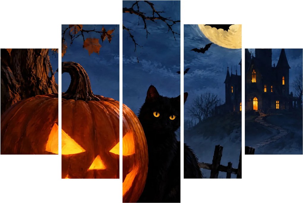 XXL Kép - Fekete macska egy világító halloweeni tök mellett (150x105 cm)