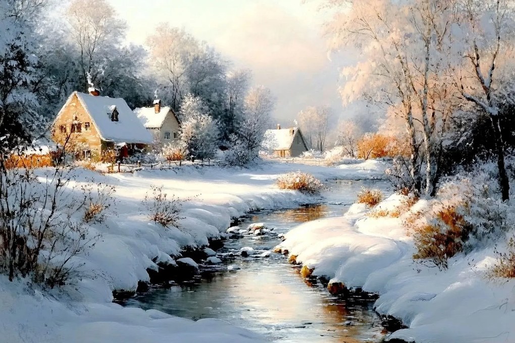 Vászonkép Canvas Tájkép Tél Hó Falu Folyó Patak 60x40