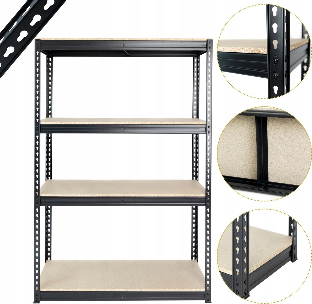 Robusztus fém könyvespolc erős 180x120x40 4x600kg fekete 15mm loft lemez