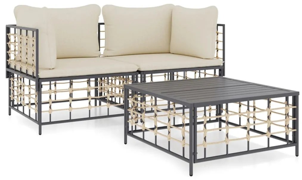 3 részes antracitszürke polyrattan kerti ülőgarnitúra párnákkal