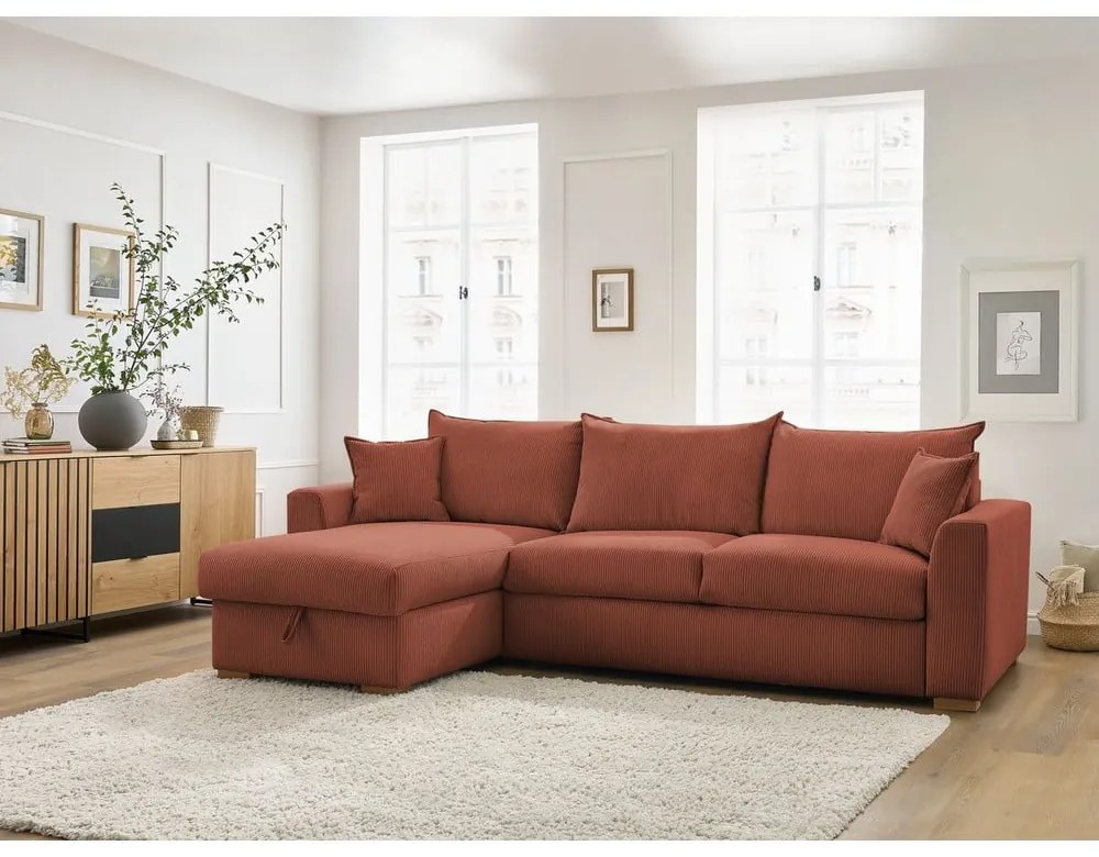 Téglavörös kordbársony kinyitható sarokkanapé (variálható) Augustin – Bobochic Paris