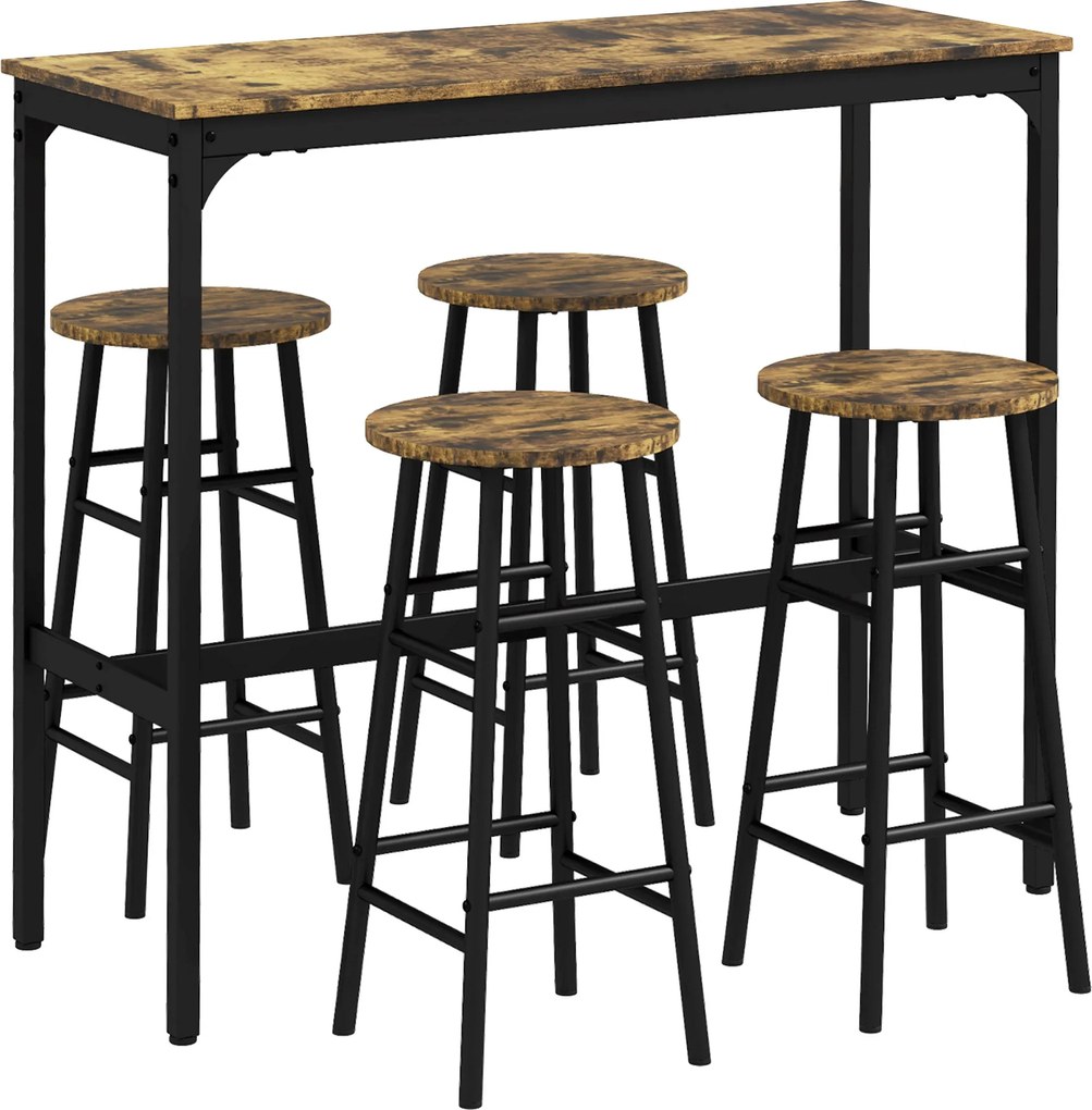 HOMCOM 4 Fős Téglalap Asztal Szett Székekkel, 4 Puffal MDF-ből és Acélból, Puffok Ø30x60 cm és Téglalap Asztal 105x40x90 cm, Fekete és Rusztikus Barna