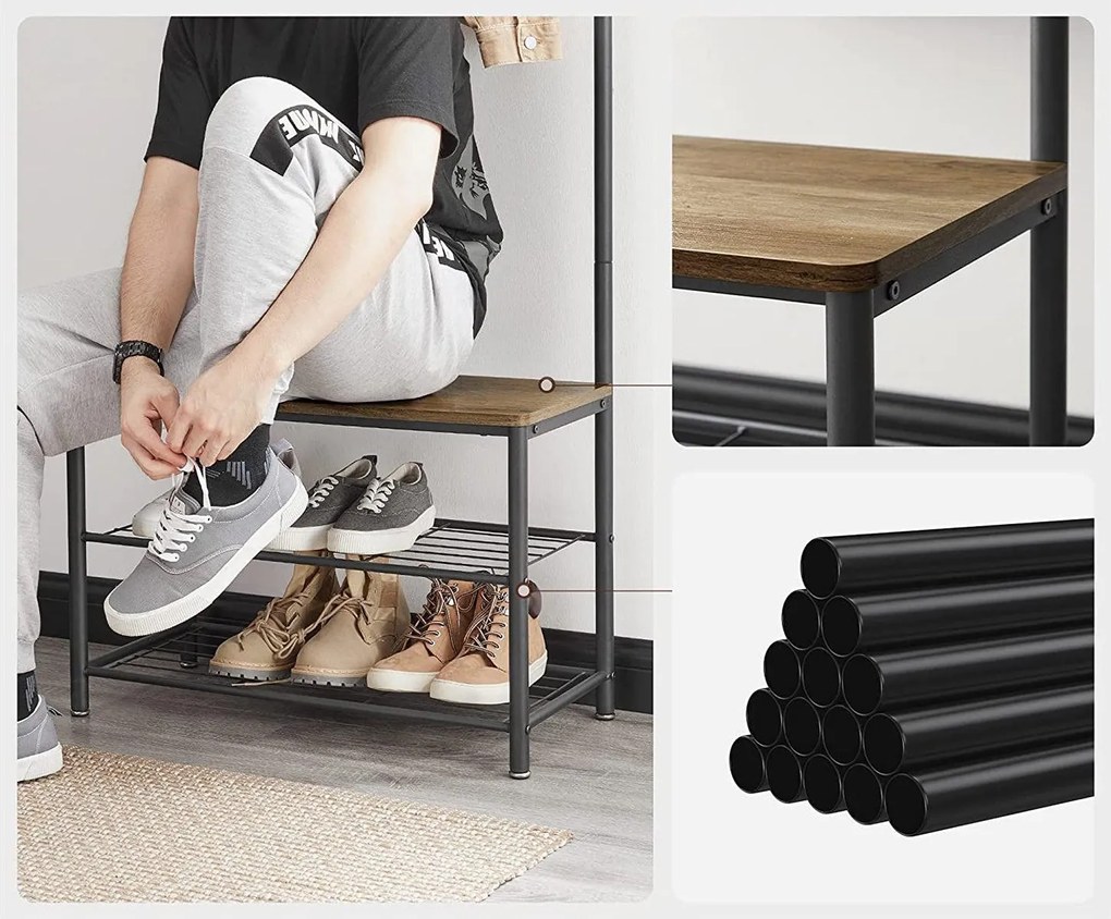 Kabáttartó állvány, cipőtartó, magasság 175 cm, rusztikus dió és fekete