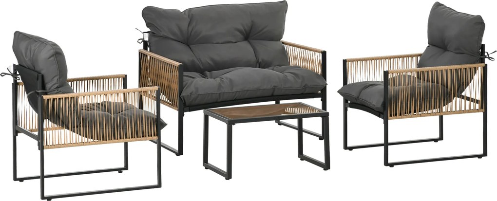 Outsunny 4 részes Rattan Kerti Bútor Szett, Párnázott Ülőgarnitúra, Terasz Szett 1 Üvegasztallal, 2 Karosszékkel, 1 Két személyes Kanapéval, Ülőgarnit