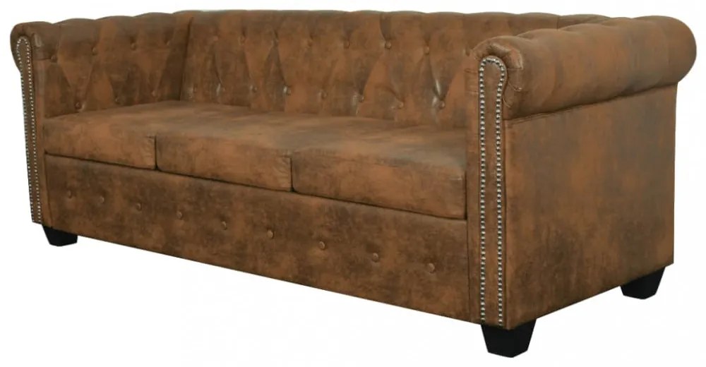 3 személyes barna műbőr Chesterfield kanapé