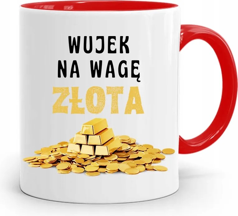 Piros Bögre Ajándék Nagybácsinak Arany Mérleggel, fényképes nyomtatással