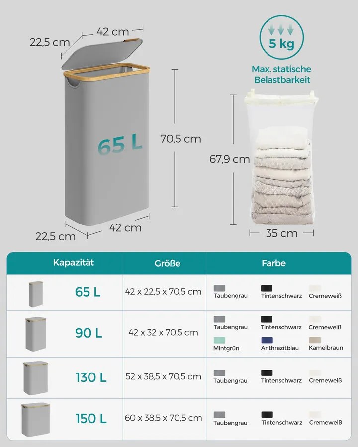 Szennyeskosár fedéllel, keskeny szennyestartó 65 L, 42 x 22,5 x 70,5 cm, galambszürke