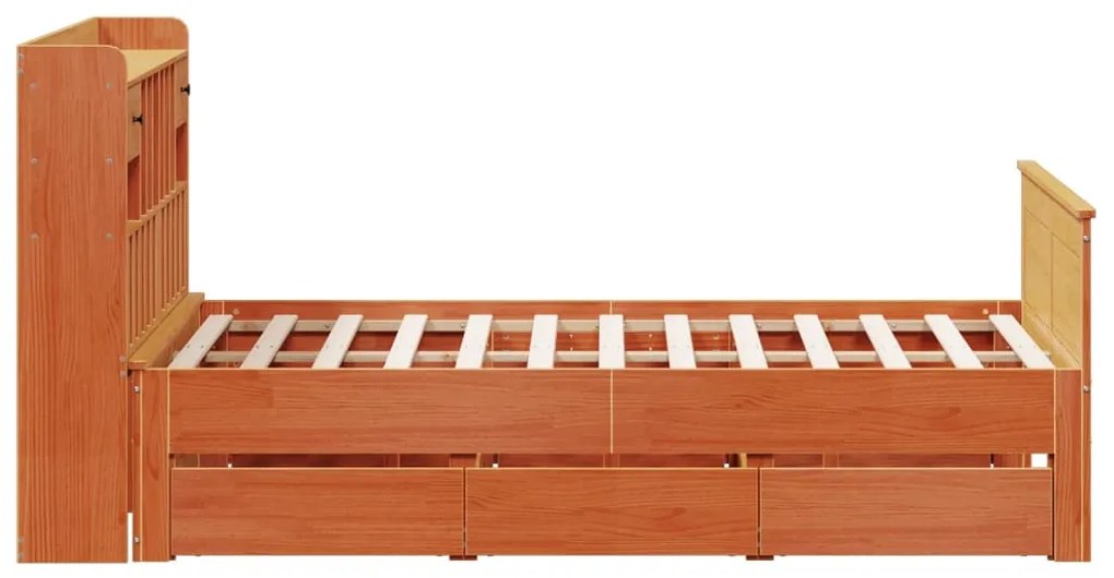 barna tömör fenyőfa könyvespolcos ágy matrac nélkül 140 x 190cm