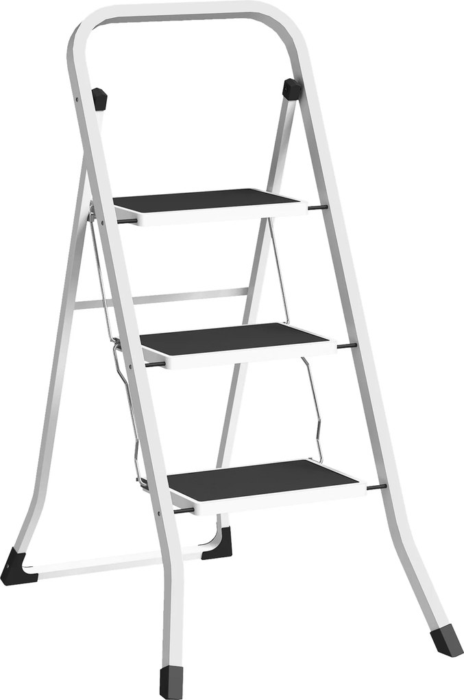 HOMCOM 3-lépcsős Összecsukható Létra, Terhelhetőség 150 kg, Csúszásmentes Lépőfelület, Könnyen Tárolható és Szállítható, Otthoni Konyhához, Irodához,