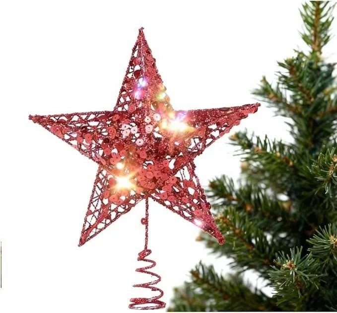 Karácsonyfa csillag csillámos 15 cm karácsonyi karácsonyfadísz piros
