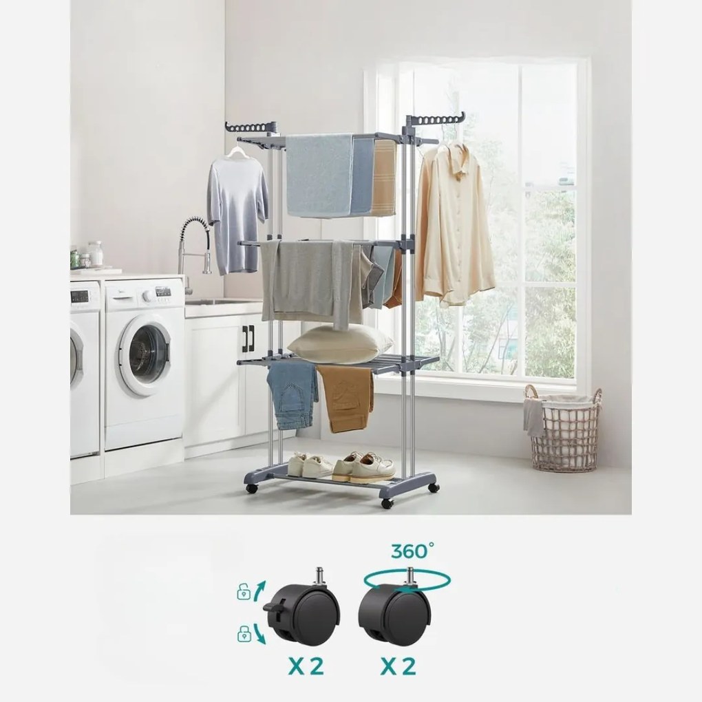ELTON ruhaszárító 4 szintes, kerekekkel, 76x172x50 cm, szürke SongmicsHome