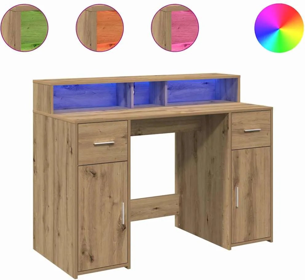 vidaXL kézműves tölgy színű szerelt fa LED-es íróasztal 120x55x91 cm