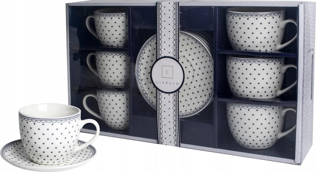 Livello Kávéscsésze 6 x 250 ml csészealjjal 14 cm pöttyös kávéhoz