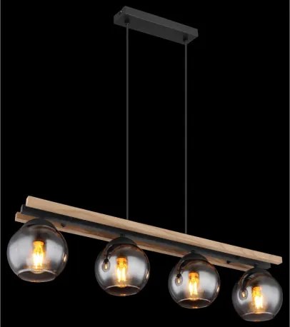 Globo 15569-4HW Függeszték fém fekete matt, fa sötétbarna, üveg füstszínű, kábel PVC fekete, magassága állítható, HxSzxM: 850x150x1200mm, 4x E27 25W 230V izzók nélkül