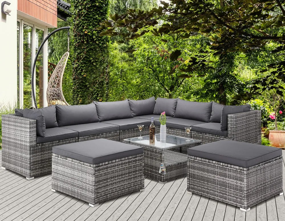 Deuba Kerti polyrattan bútor szett XXL - szürke/antracit párnák