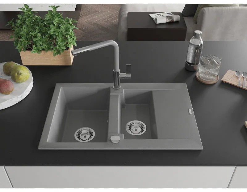 Mexen Gaspar, 1,5 kamrás gránit mosogató 737x475x177 mm és Flora mosogató csaptelep, szürke, 6507-71-670401-06