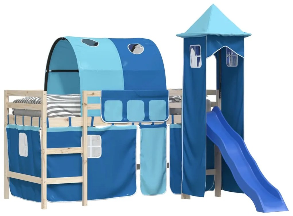 kék függönyök alagúttal és toronnyal ellátott tetőtéri ágyhoz