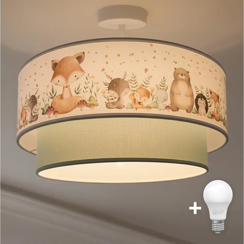 Brilagi-LED gyerek felületre szerelhető csillár BOBO 1xE27/60W/230V, átm. 40 cm, fehér/zöld/állatmintás