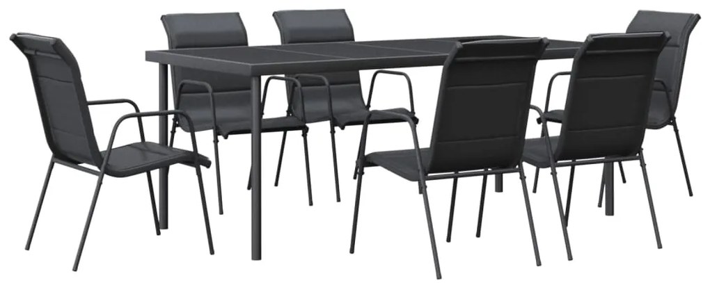 vidaXL 7 részes fekete acél és textilén kerti étkezőgarnitúra