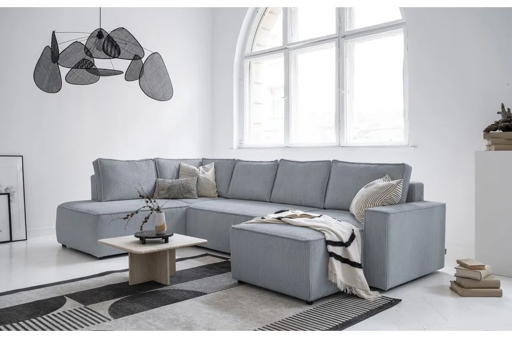 Világosszürke kordbársony kinyitható sarokkanapé (bal oldali-U alakú) Brave Dave – Miuform