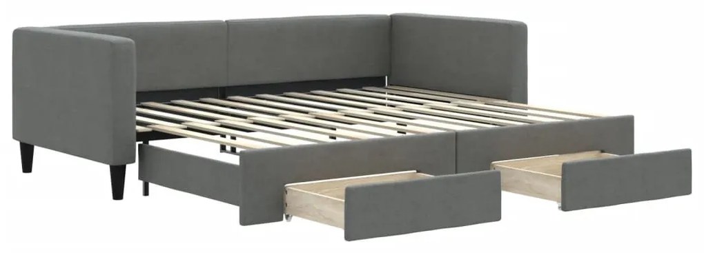 sötétszürke kihúzható szövet heverő fiókokkal 90 x 200 cm